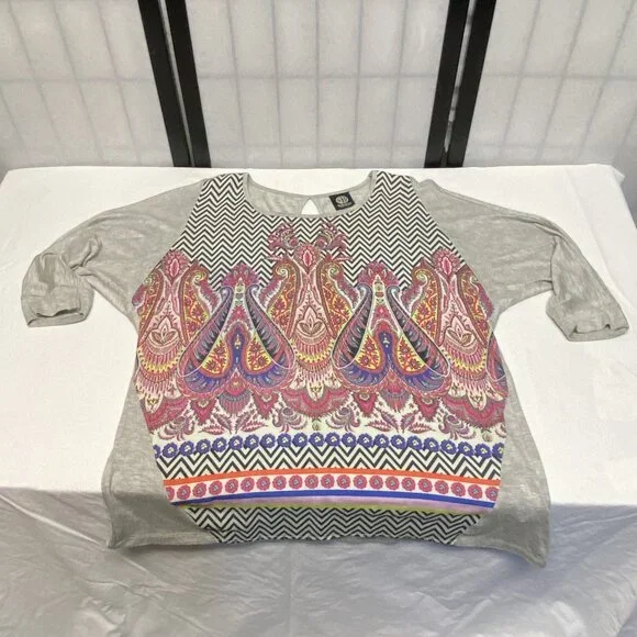 Bobeau Oversize Inset Print Front Keyhole Back Tunic Grey S Long Dolman Sleeve - Picture 7 of 13